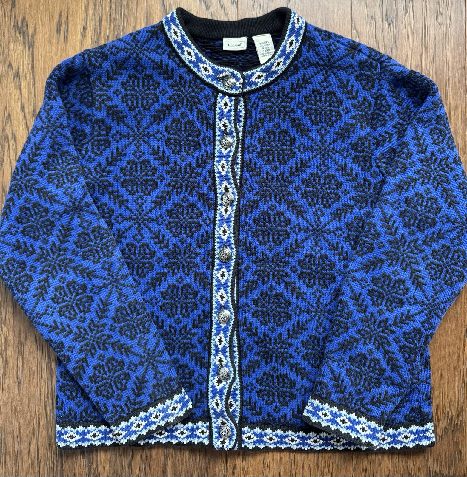 L.L.Bean Vtg 100% Cotton Nordic Fair Isle Cardigan Sweater Blue Black Women’s M