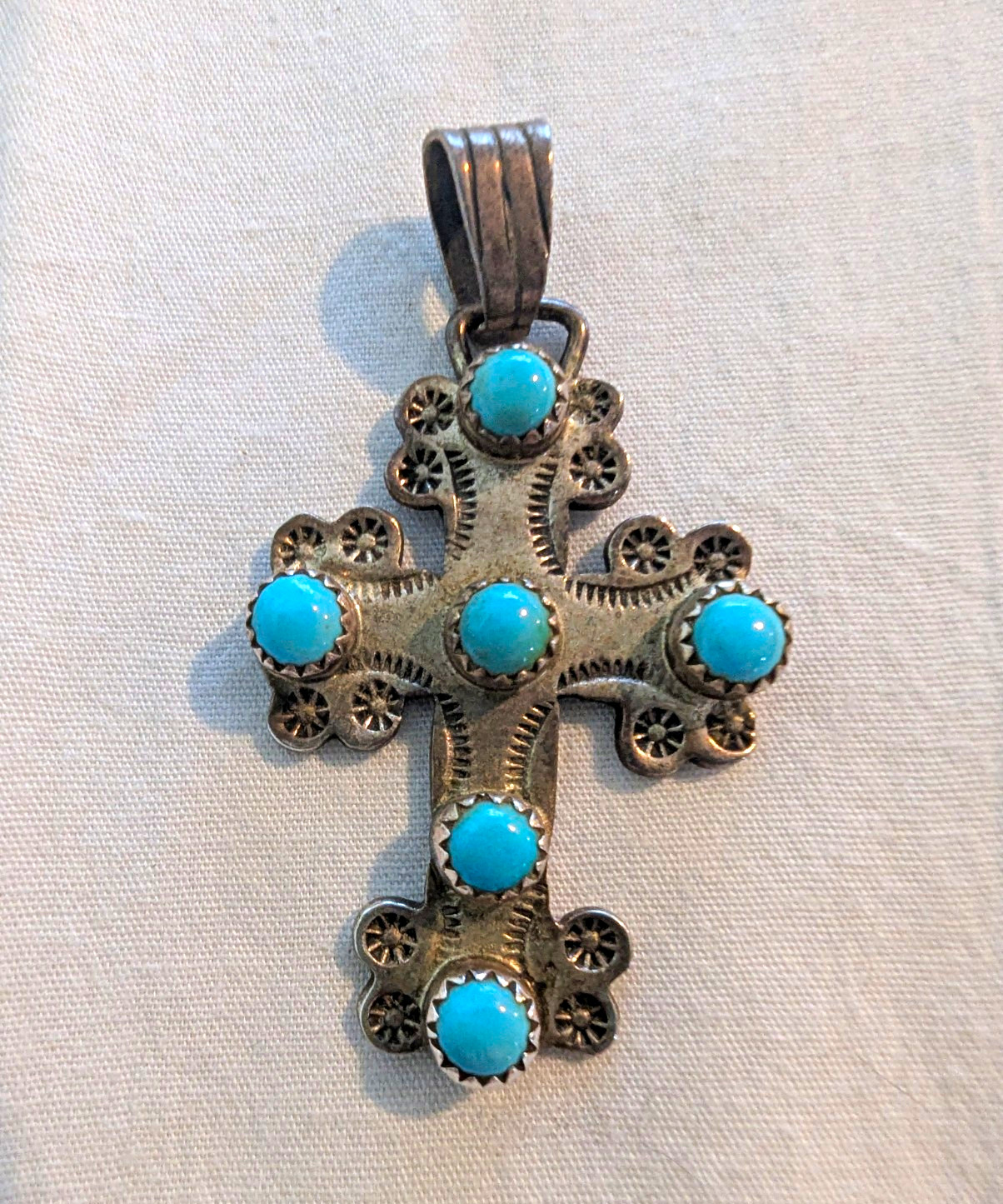 Vtg Navajo Running Bear Sterling Silver Turquoise Cross Pendant Stamped RB 2