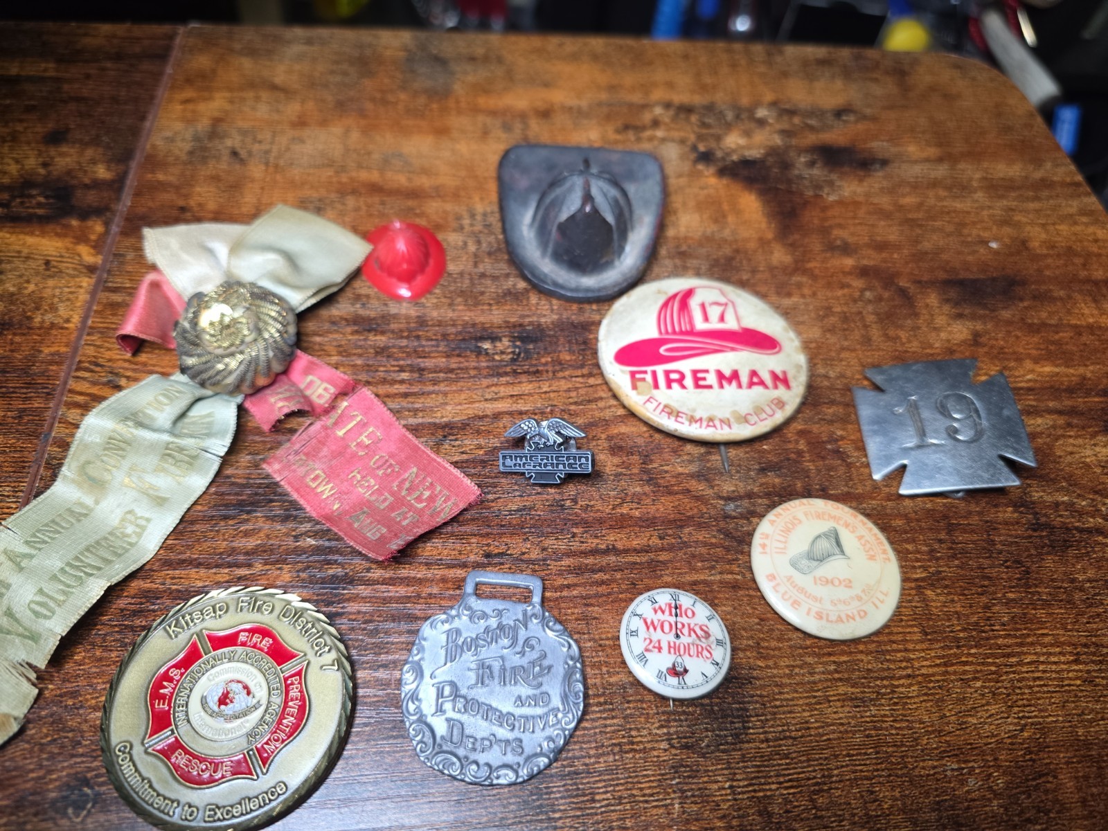 Vintage Fire Fighting Memorabilia Ephemera. Metal Helmet, Pins, Challenge Coin Vintage Fire Fighting Memorabilia Ephemera. Metal Helmet, Pins, Challenge Coin