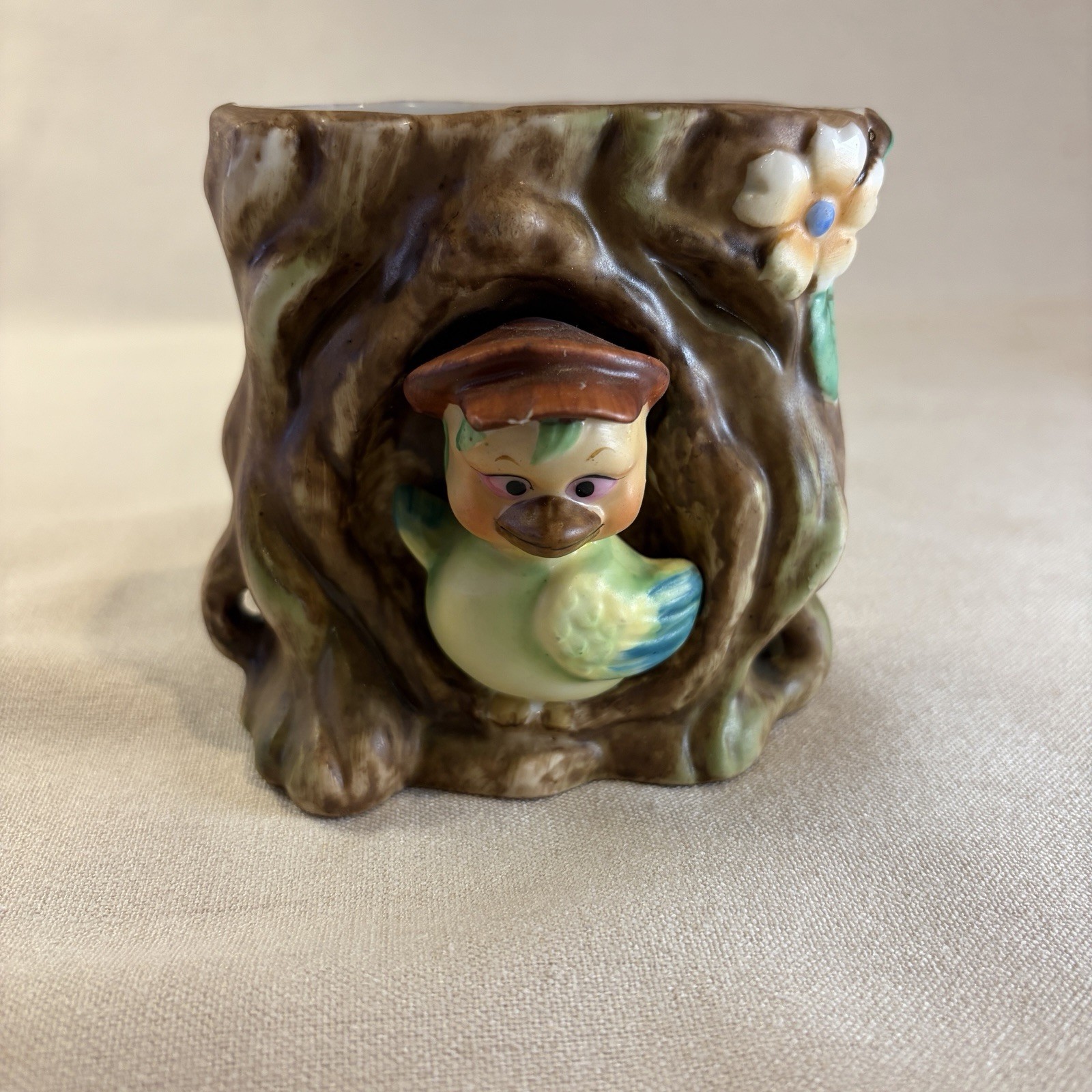 Vintage Maruri Japan Ceramic Bird Tree Stump Planter Figurine Vase Cute Decor