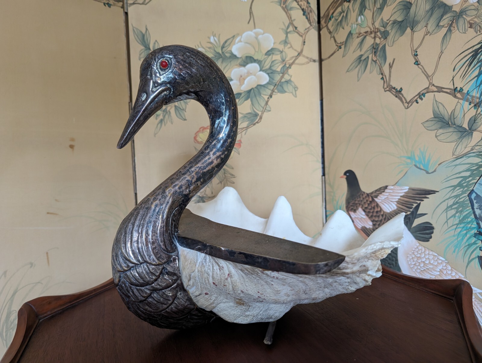 Mid Century Italian BRONZE GABRIELLA BINAZZI SWAN Giant Clam Shell Sculpture
