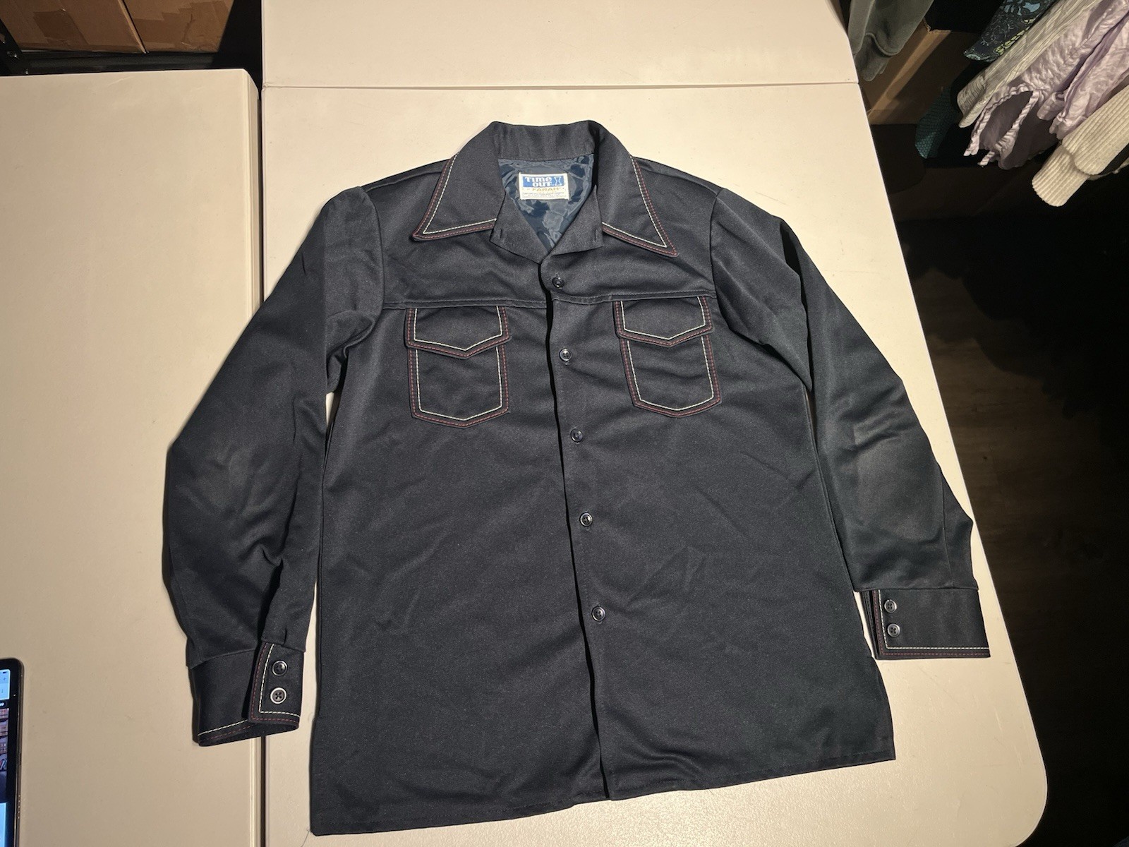 Vintage Farah Time Out Shirt Jacket Men’s Large Blue Dagger Collar Disco USA 70s