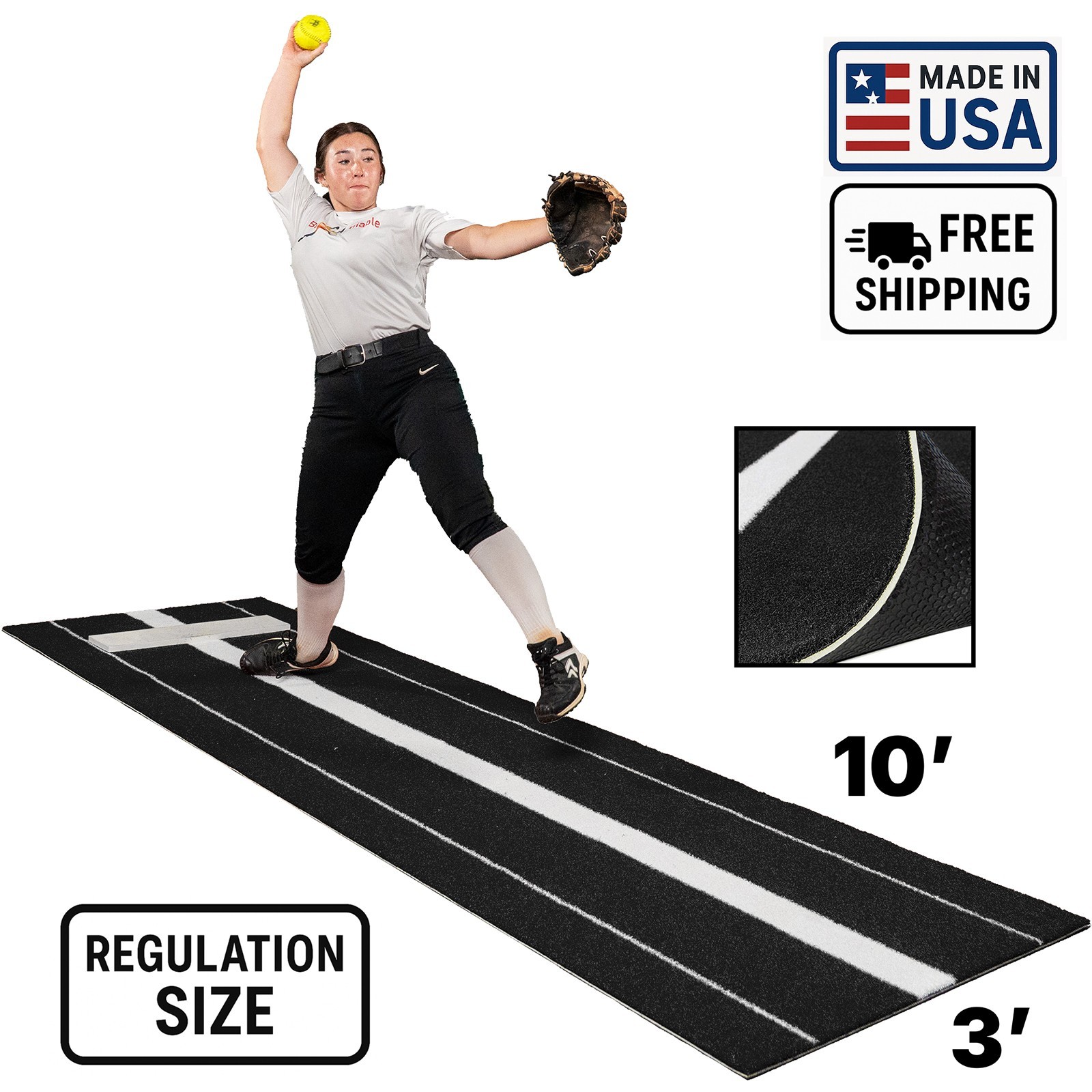 USA-Made Regulation Softball Pitching Mat 3×10 Black – Pro Turf with Rubber USA-Made Regulation Softball Pitching Mat 3×10 Black – Pro Turf with Rubber