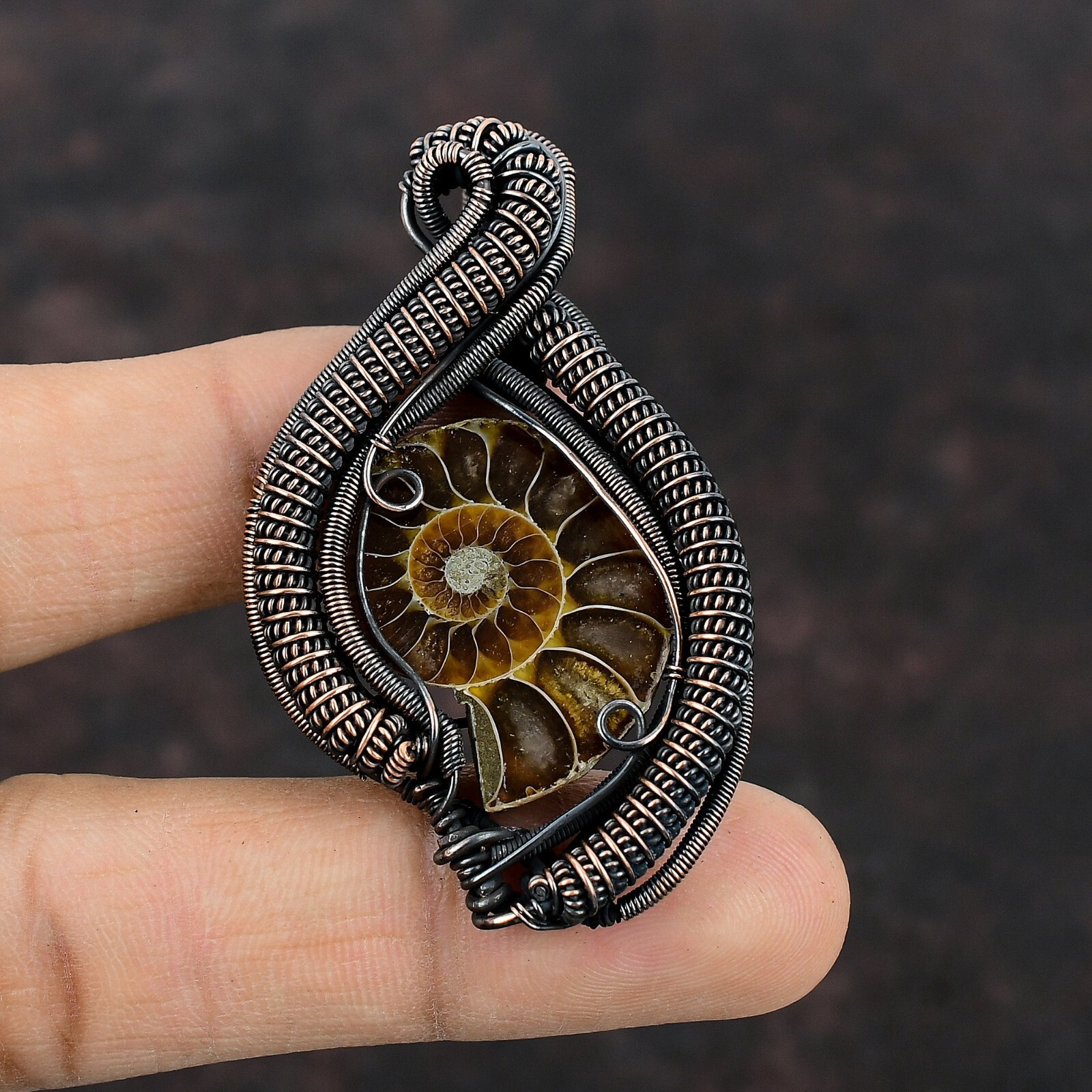 Ammonite Fossil Jewelry Copper Gift For Bridesmaid Wire Wrapped Pendant 2.36\