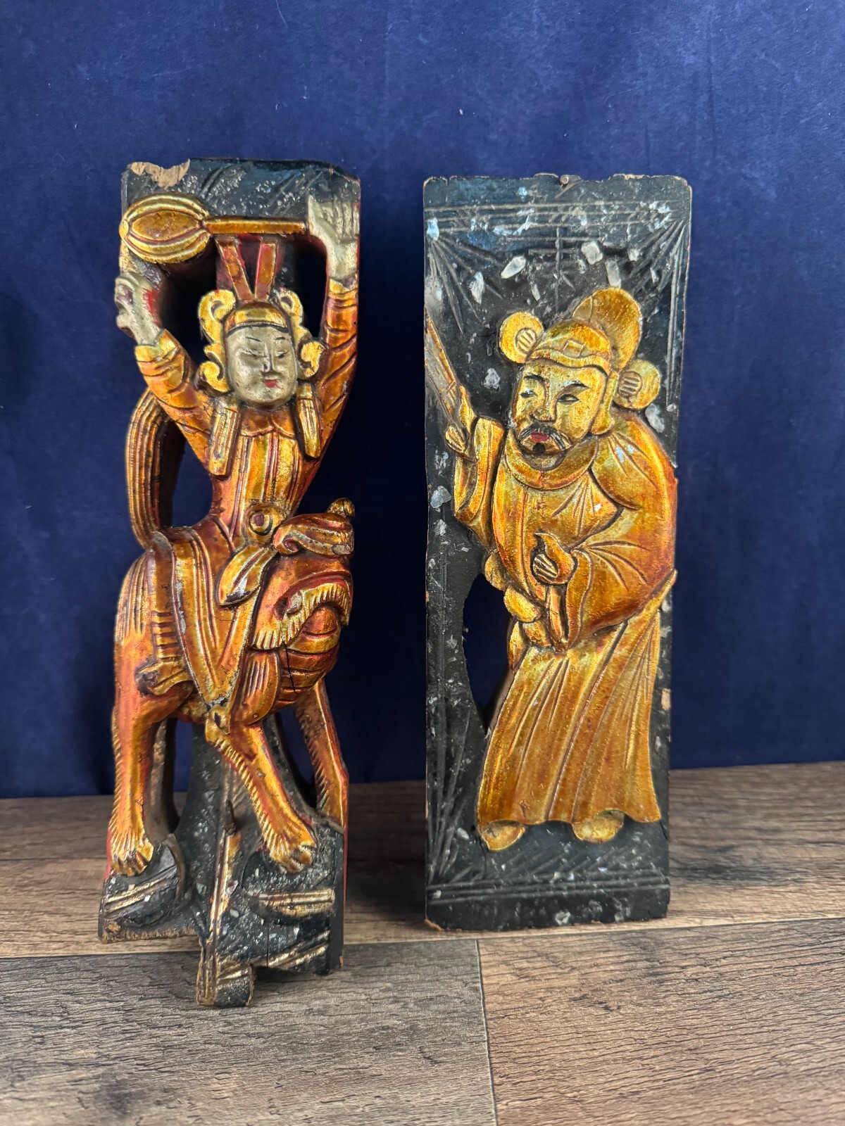 Two Antique Chinese Wood Carvings Lot Wooden Black Gold Bronze Coloring