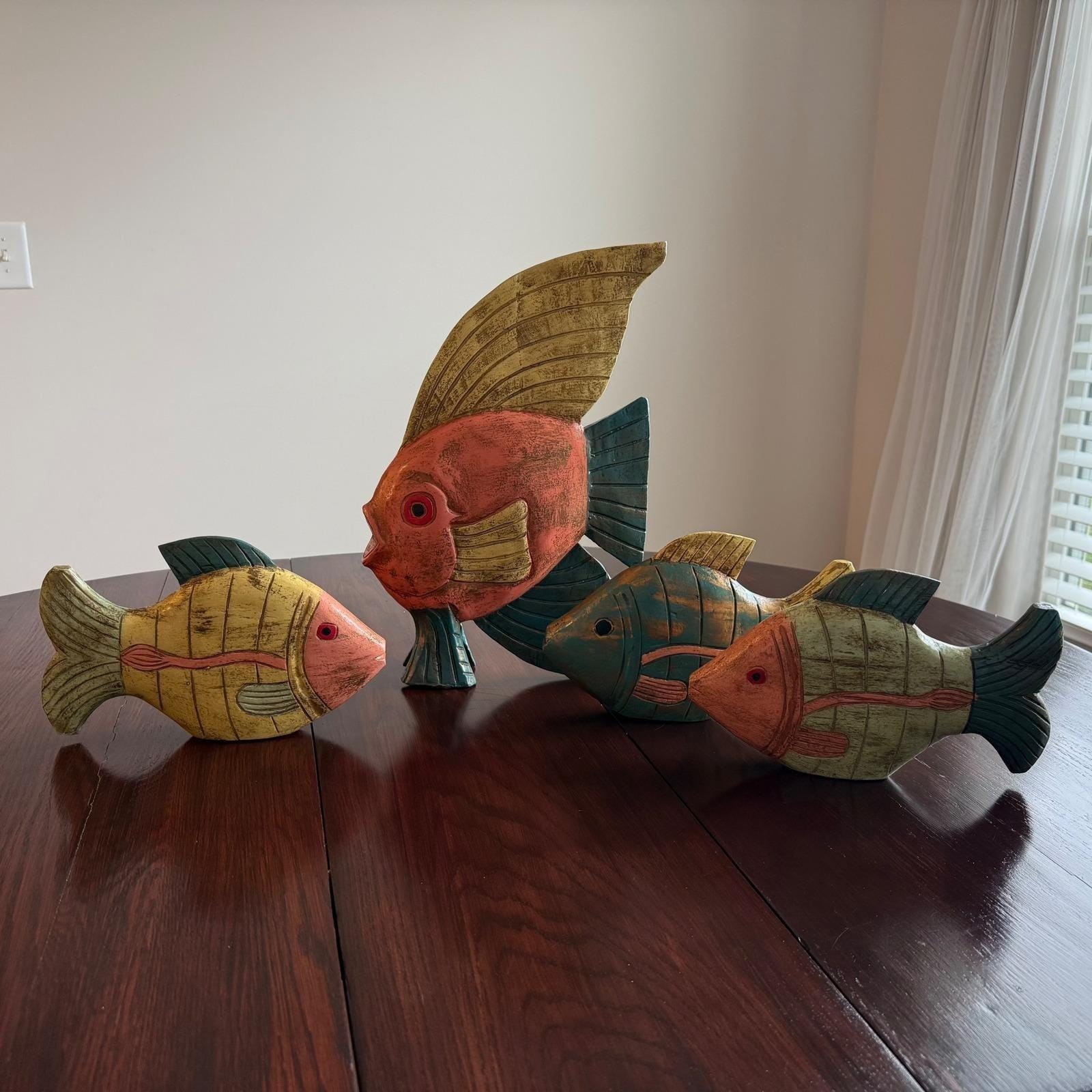 VTG Hand Carved Wooden Fish Decor Set Coastal Tropical Folk Art Made in Thailand