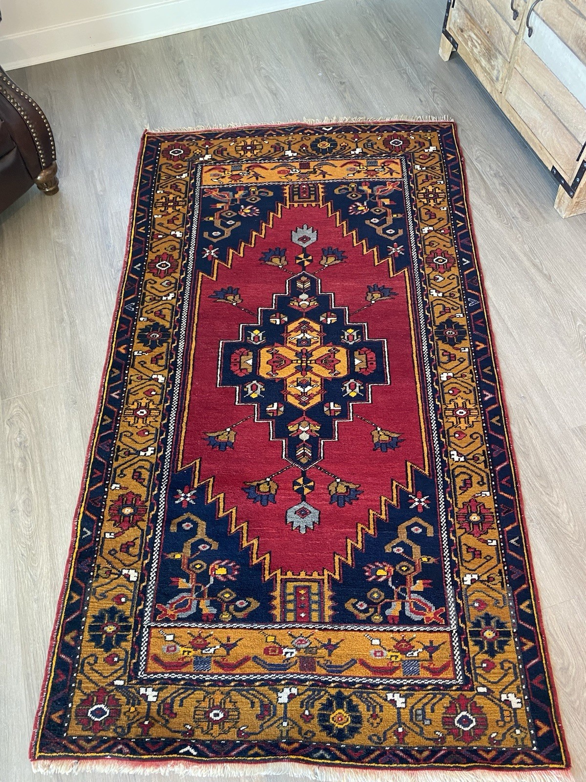 Oriental Wool Geometric Runner Rug Red Blue Gold Fringed Rectangle