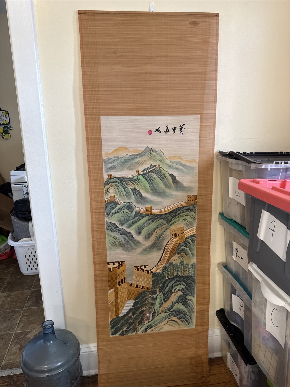 Vintage 6ft Chinese Silk Bamboo Scroll – Great Wall Scene, Calligraphy