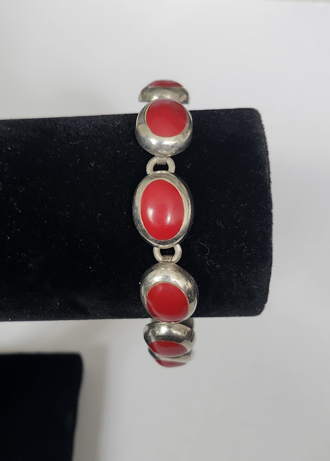 Taxco 925 Sterling Silver Red Stone Link Bracelet Mexico 37g Vintage