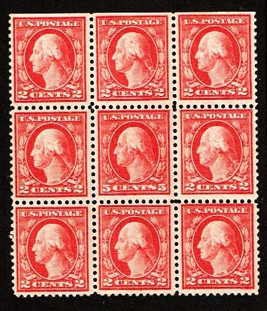 1917-19 U.S. Regular ERROR BLOCK OF 9 MIDDLE Stamp #505 Surrounded M/NH/OG Note