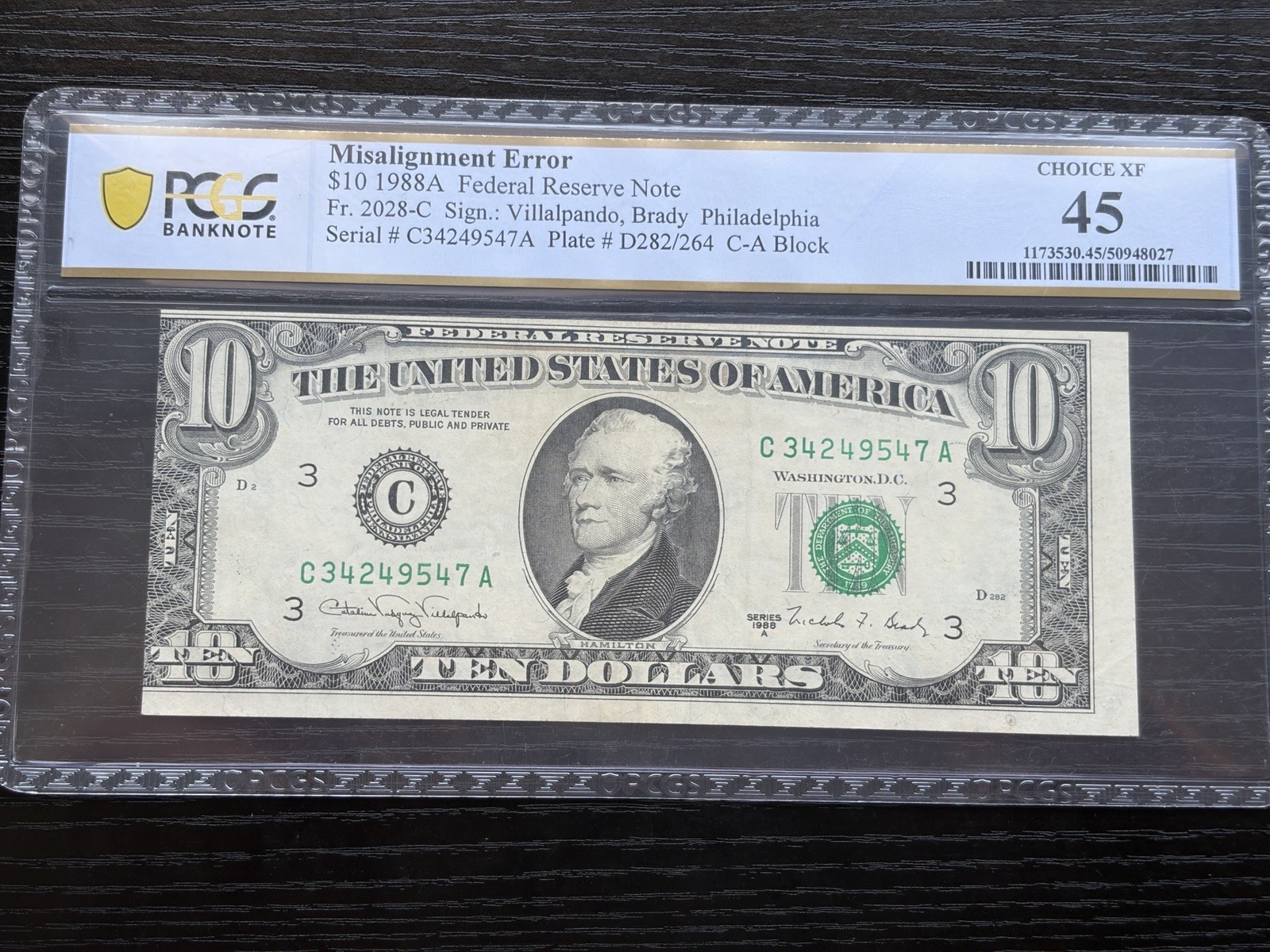 PCGS $10 1988A Federal Reserve Note Misalignment Error Choice XF 45 PCGS $10 1988A Federal Reserve Note Misalignment Error Choice XF 45