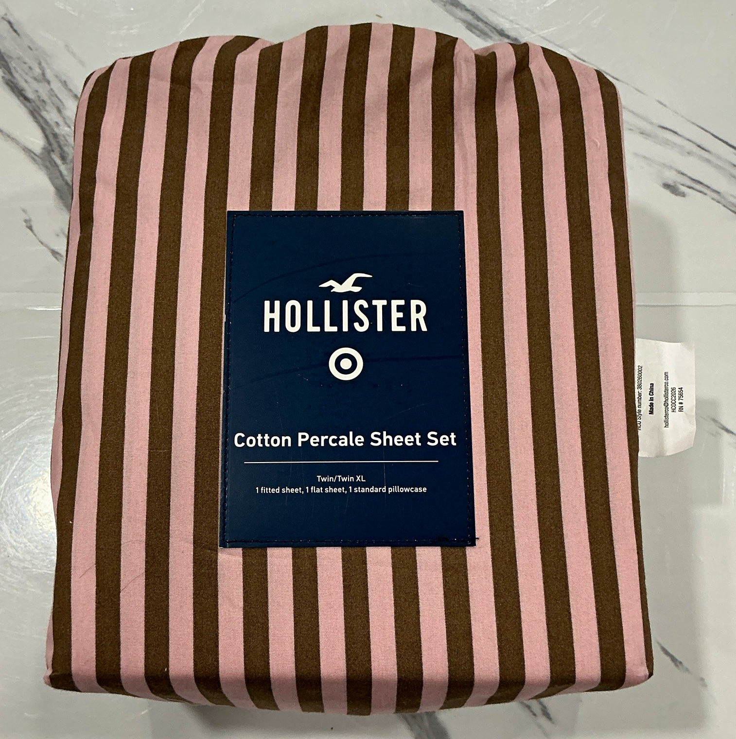 Hollister 100% Cotton Percale Striped Sheet Set Twin/Twin XL Pink/Brown Hollister 100% Cotton Percale Striped Sheet Set Twin/Twin XL Pink/Brown