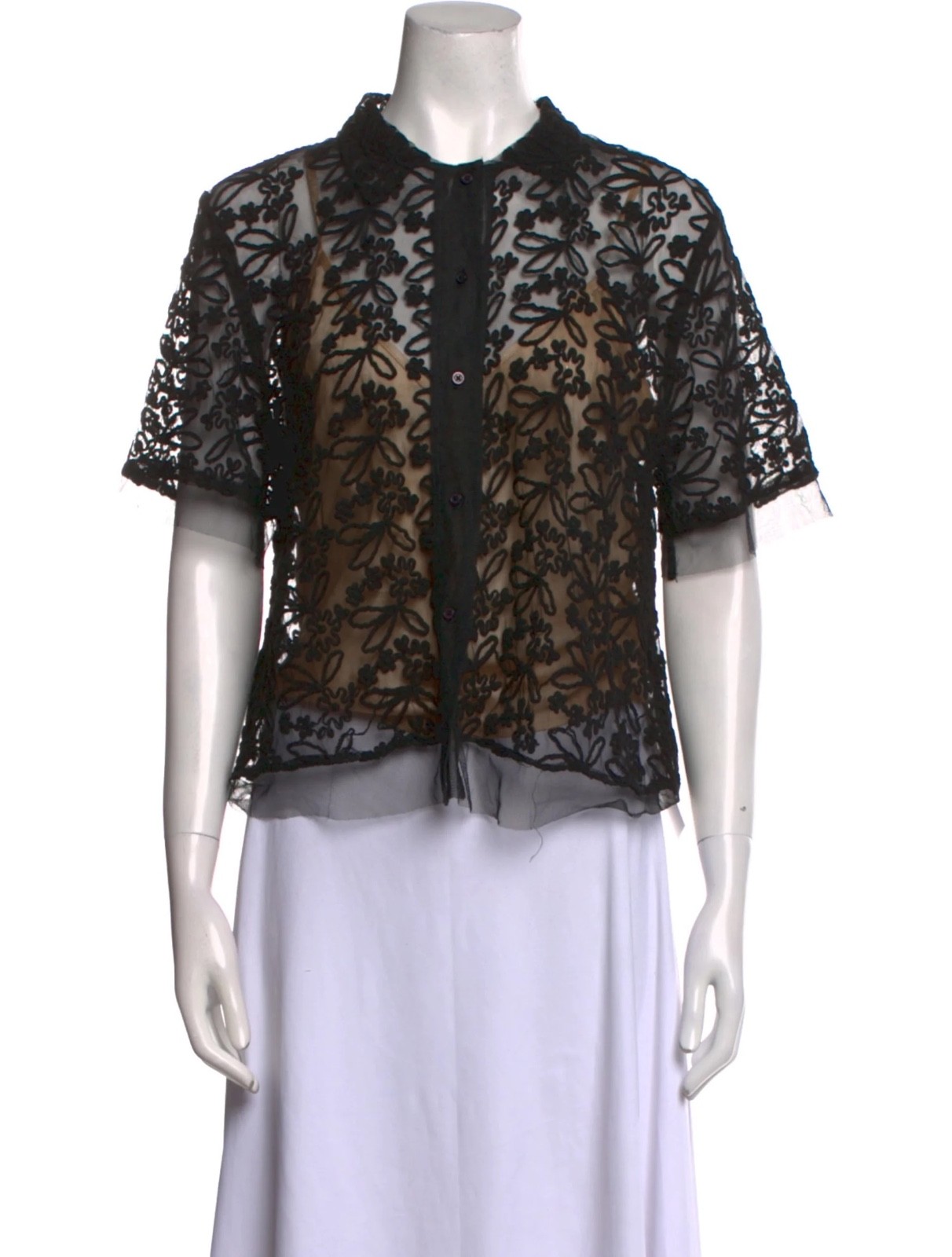 The GREAT Lace Pattern Short Sleeve Blouse Button up Collar Black Size S The GREAT Lace Pattern Short Sleeve Blouse Button up Collar Black Size S