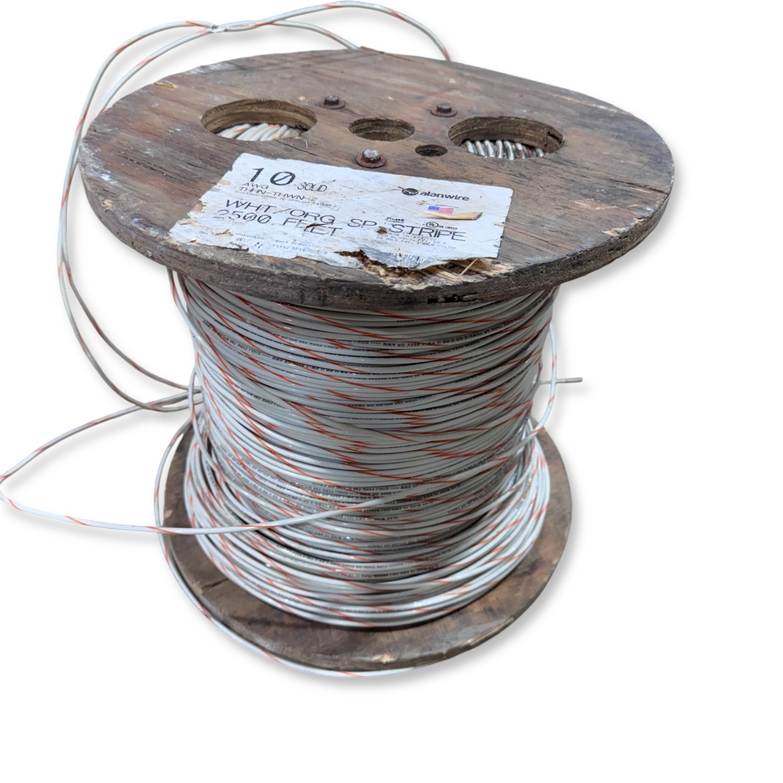 Alan Wire 10 AWG THHN/THWN-2 Solid Copper Wire White Orange Stripe 94,1 lb Spool Alan Wire 10 AWG THHN/THWN-2 Solid Copper Wire White Orange Stripe 94,1 lb Spool