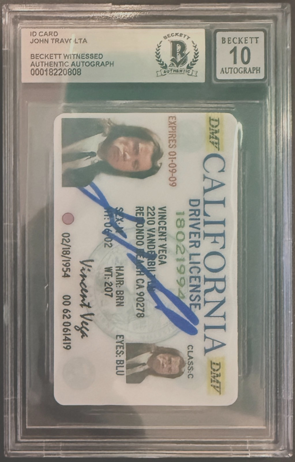License Custom Card Pulp Fiction Signed John Travolta Beckett Witnessed AUTO 10