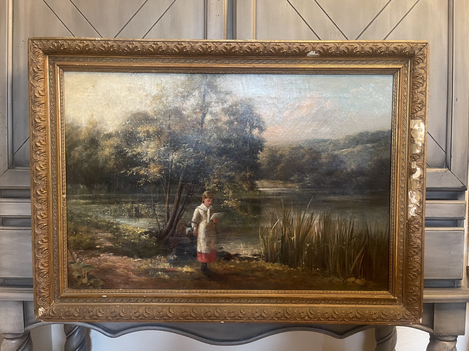 Antique 19thC Oil On Canvas Landscape Painting - Young Girl By Lake - WJ Boyes 