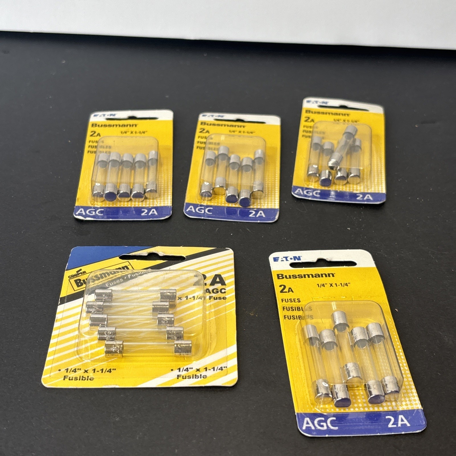 Lot of 5 Packs Eaton Bussmann AGC-2 2A 250V Fast Acting Glass Fuses NOS 25 Fuses