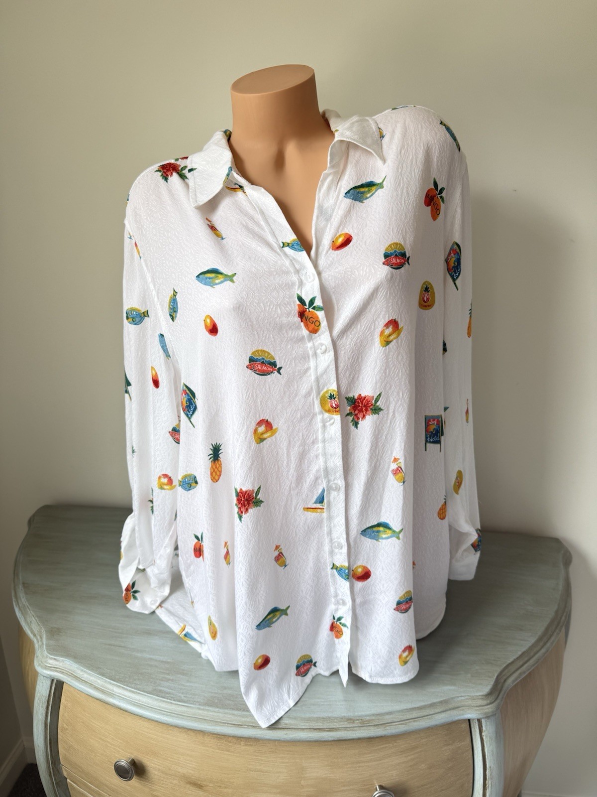 Jane Delancey 1X Top Tropical Beach Fish Print Do Dockside Rayon Blouse Seaside Jane Delancey 1X Top Tropical Beach Fish Print Do Dockside Rayon Blouse Seaside