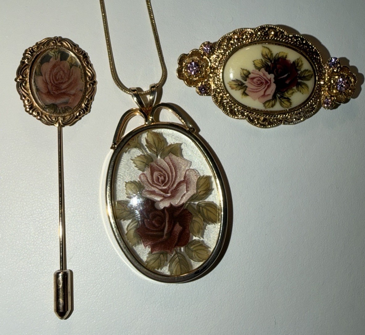 Vintage Rose Floral Jewelry Set Necklace Pendant Brooch Stick Pin Gold Tone 70’s