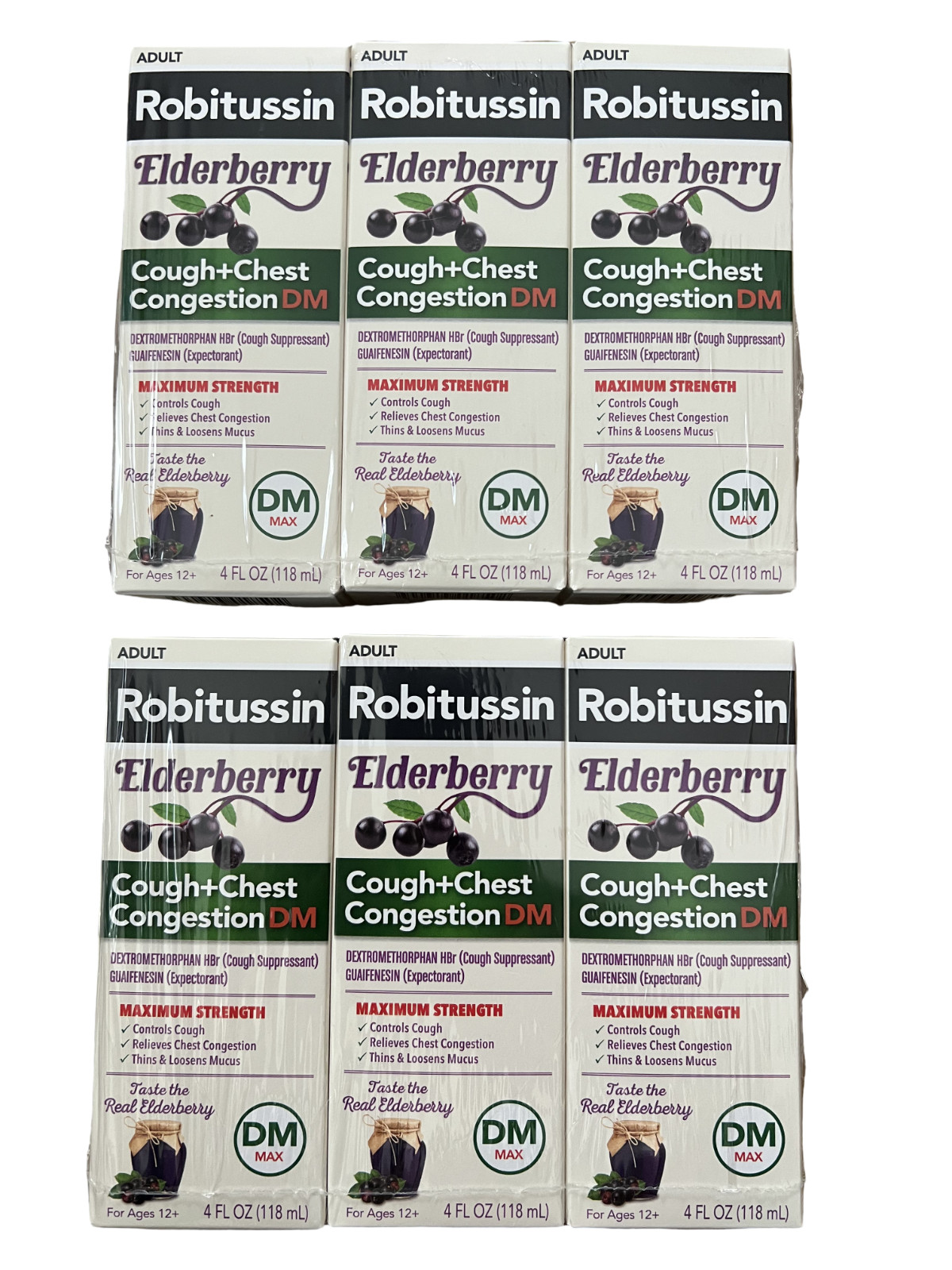 (6 PACK)  Robitussin Max Elderberry Cough + Chest Congestion DM Liquid 4oz 09/26