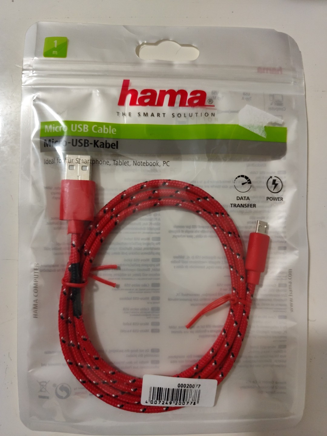 Hama Computer MicroUSB-B/USB-A 2.0 M/M Data/Charging Cable 1 m Fabric Red New Hama Computer MicroUSB-B/USB-A 2.0 M/M Data/Charging Cable 1 m Fabric Red New