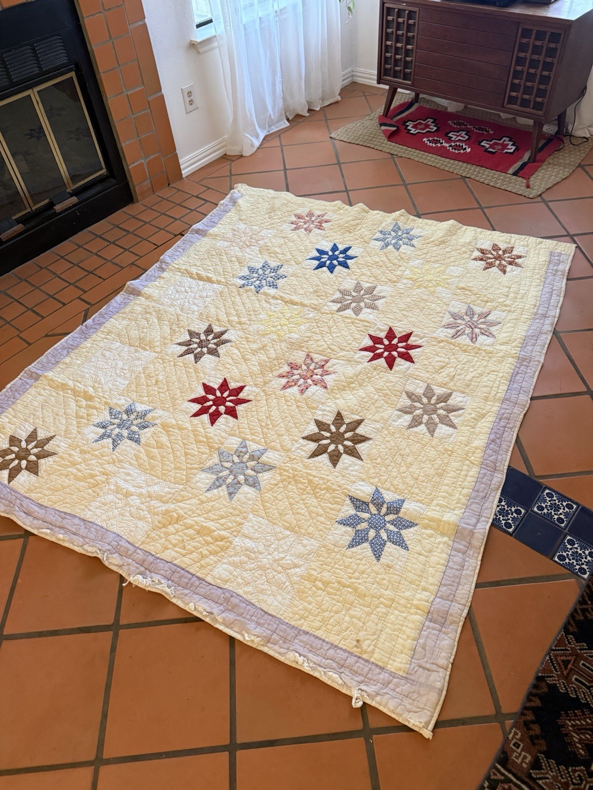 Antique Vintage Hand Made Quilt Star wedding Band Daisy Flower Folk Art 68x80 Antique Vintage Hand Made Quilt Star wedding Band Daisy Flower Folk Art 68x80