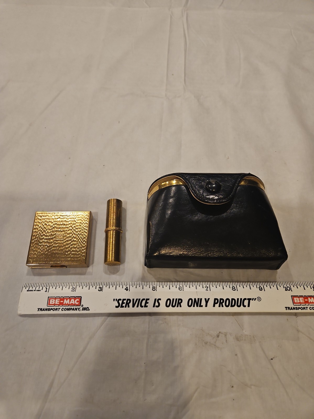 Vtg 1950s Gold Tone Textured Powder Compact Lipstick Holder & Black Leather...