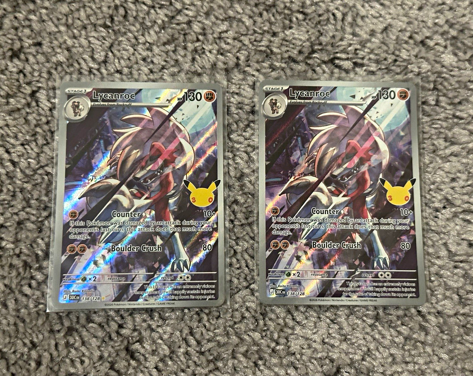 Pokemon TCG: Pokémon 30th Anniversary Lycanroc 138/128 Full Art NM - Lot of 2
