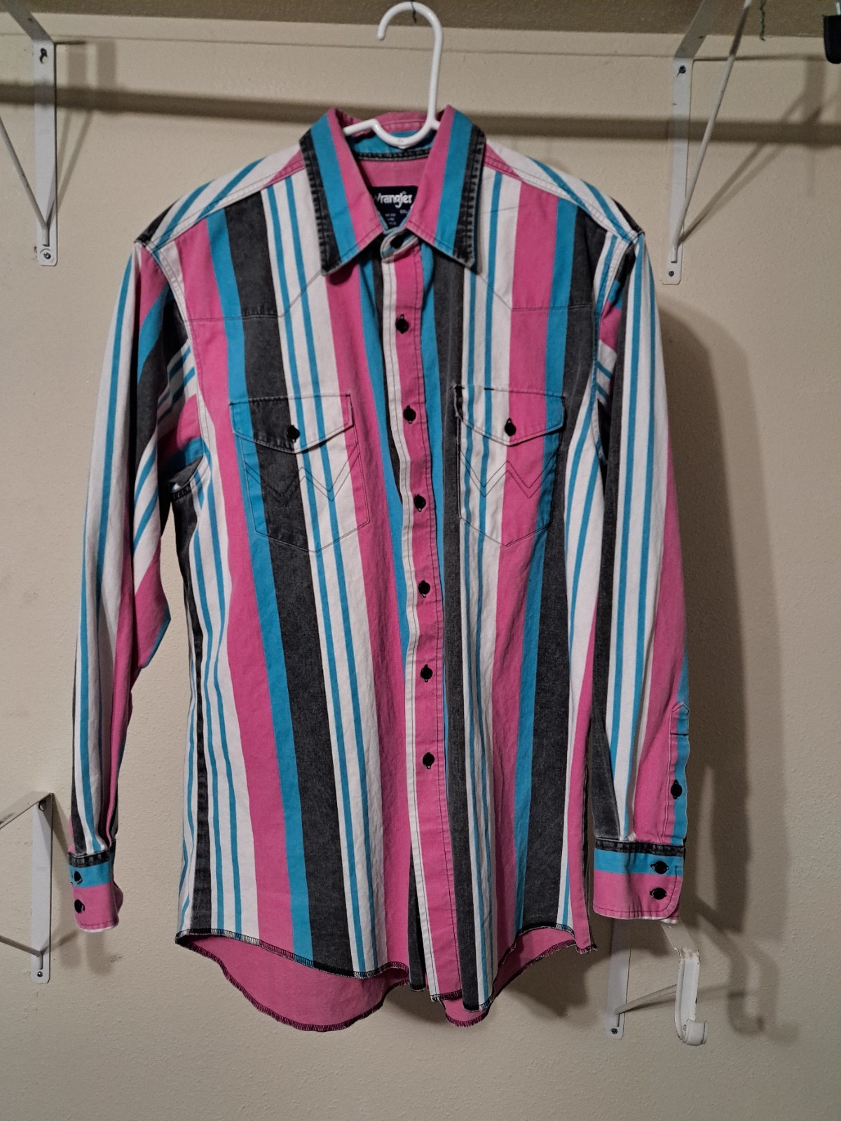 Vintage Wrangler Brushpopper Shirt 16 1/2 X 34 Pink Teal Western Rodeo