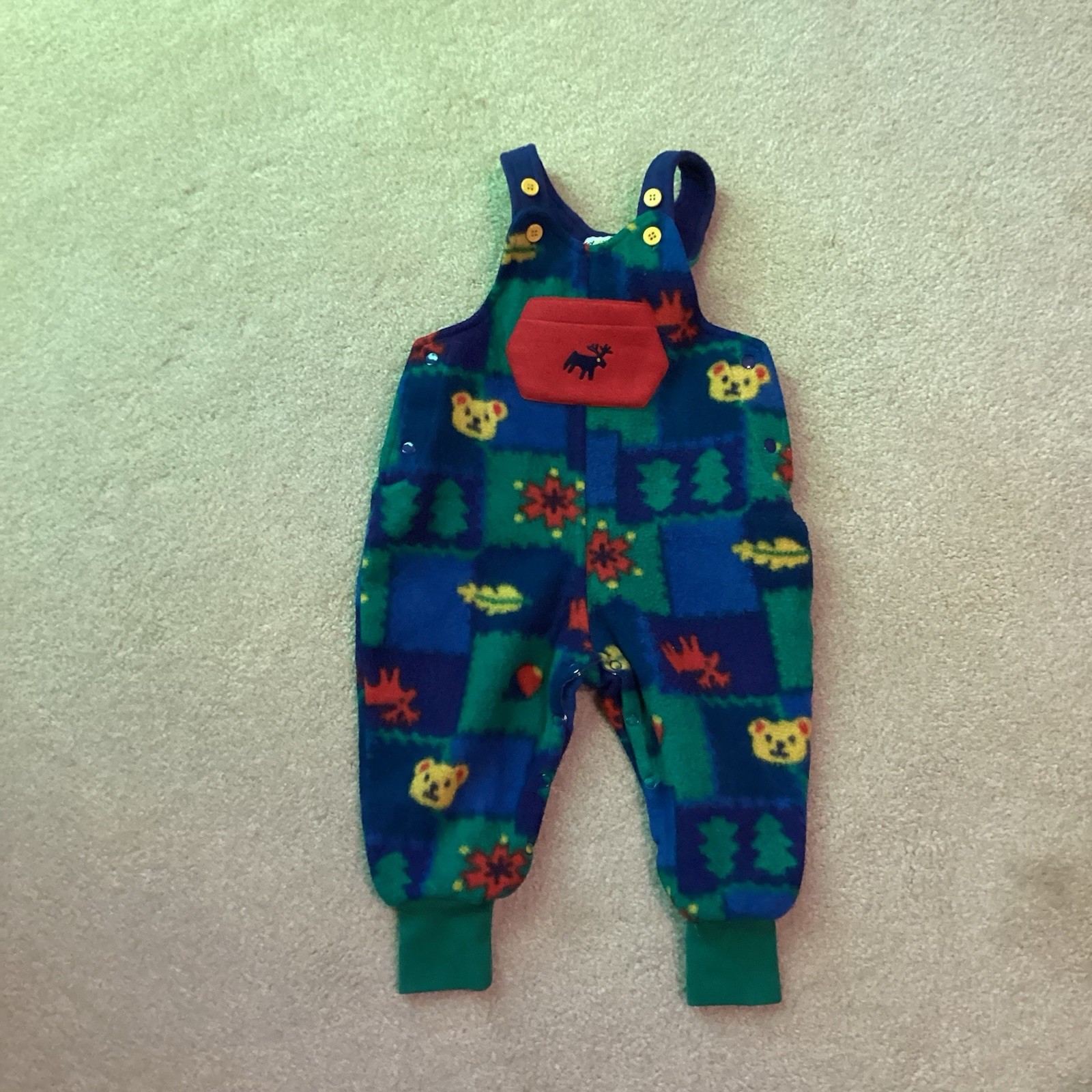 GYMBOREE RAINBOW TAG VINTAGE FLEECE XS 9-18 MONTH ONE PIECE OUTFIT, BEAR/ TREES