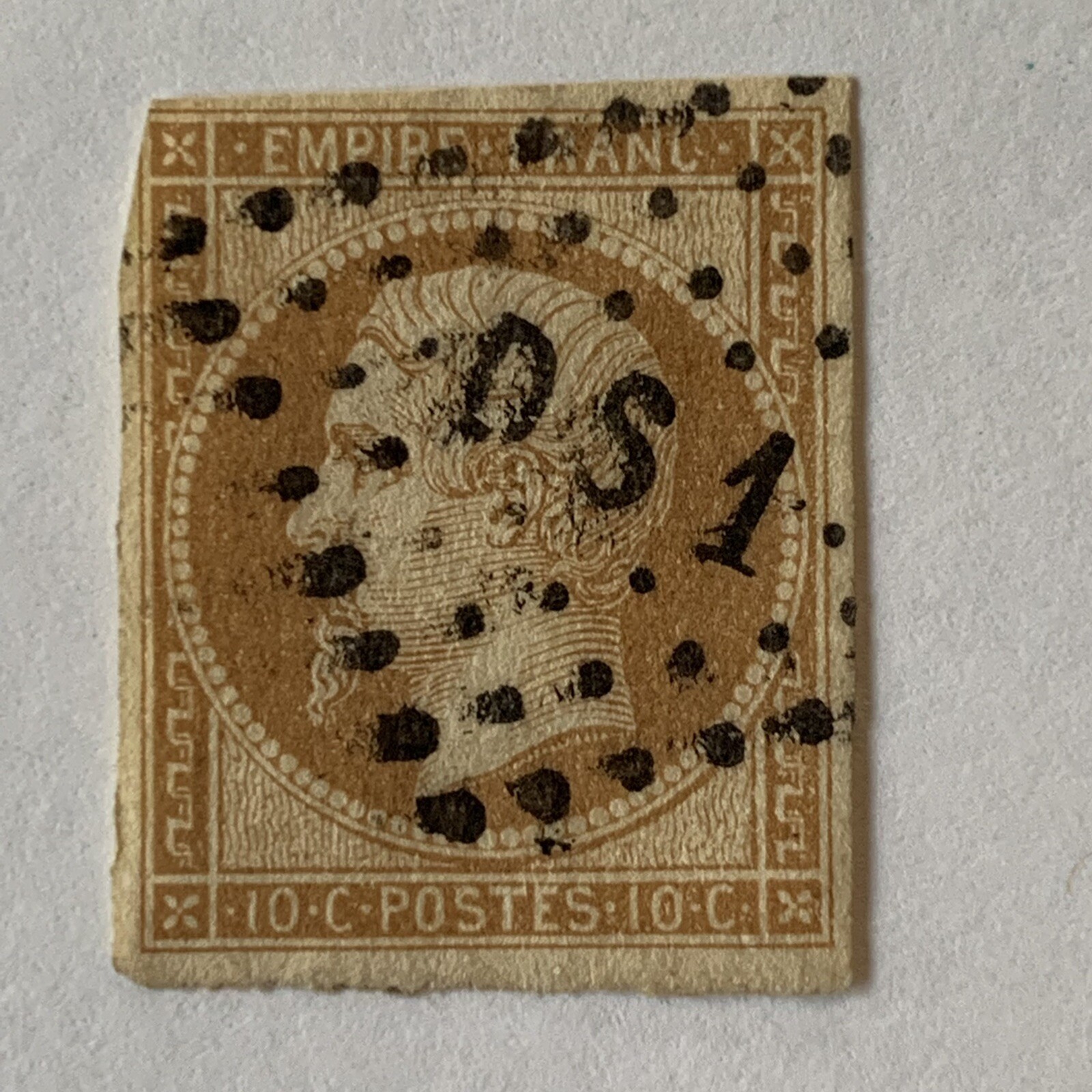 1850s-1860s 10c FRANCE IMPERF STAMP NAPOLEON DS1 CANCEL MARGINS ON ALL SIDES