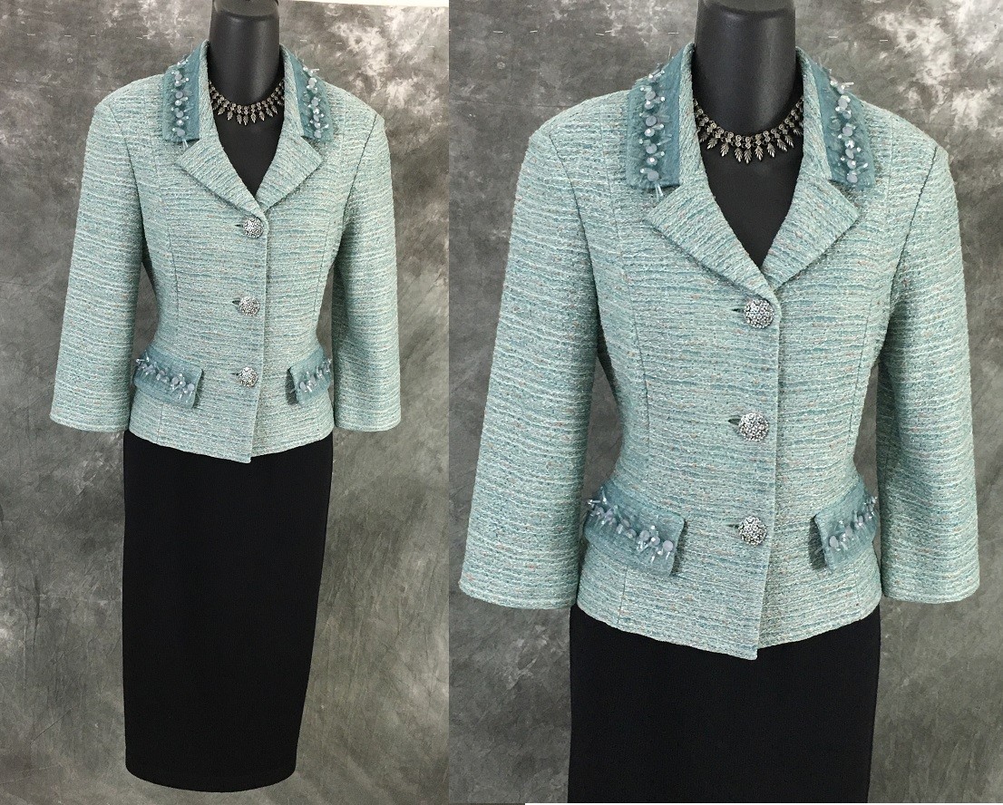 BEAUTIFUL St John knit jacket Blue green multi rhinestones embellished blazer 2