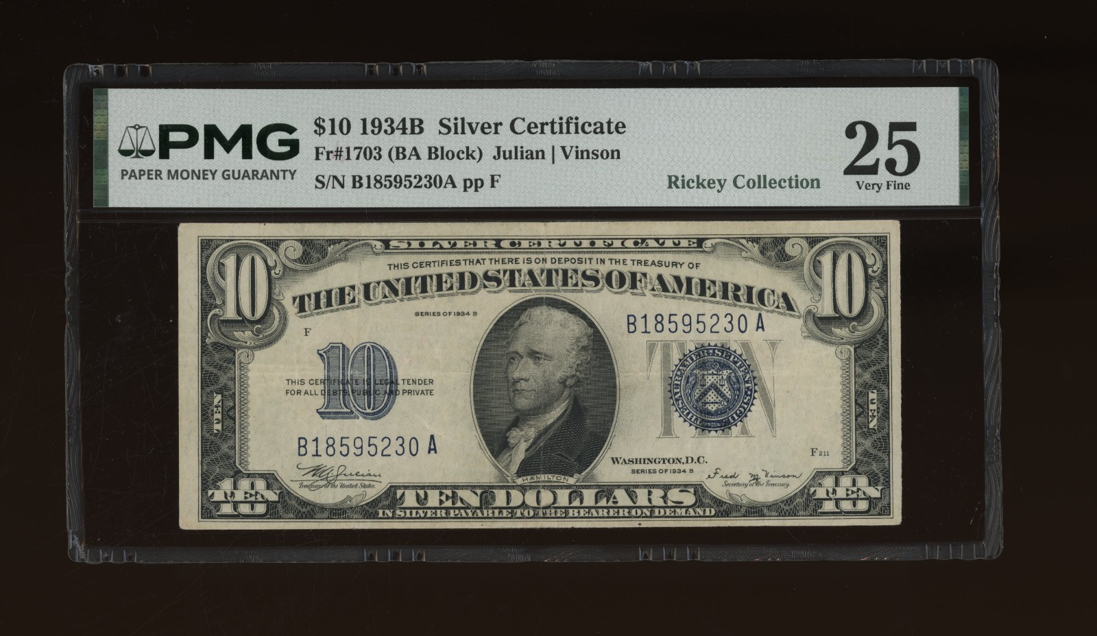 DBR 1934-B $10 Silver Vinson Fr. 1703 PMG 25 Serial B18595230A