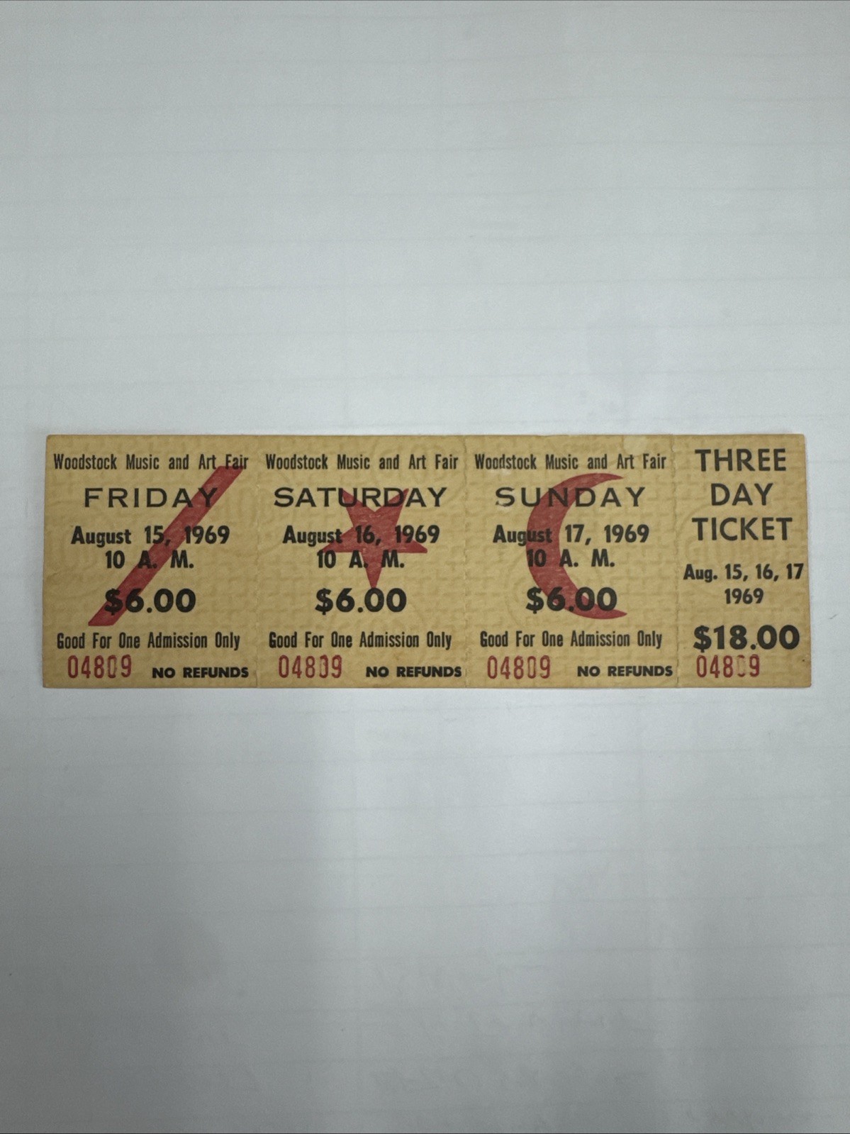 Original 1969 Woodstock Music & Art Fair 3-Day Ticket 04809 Full Stub Rare-UNRIP