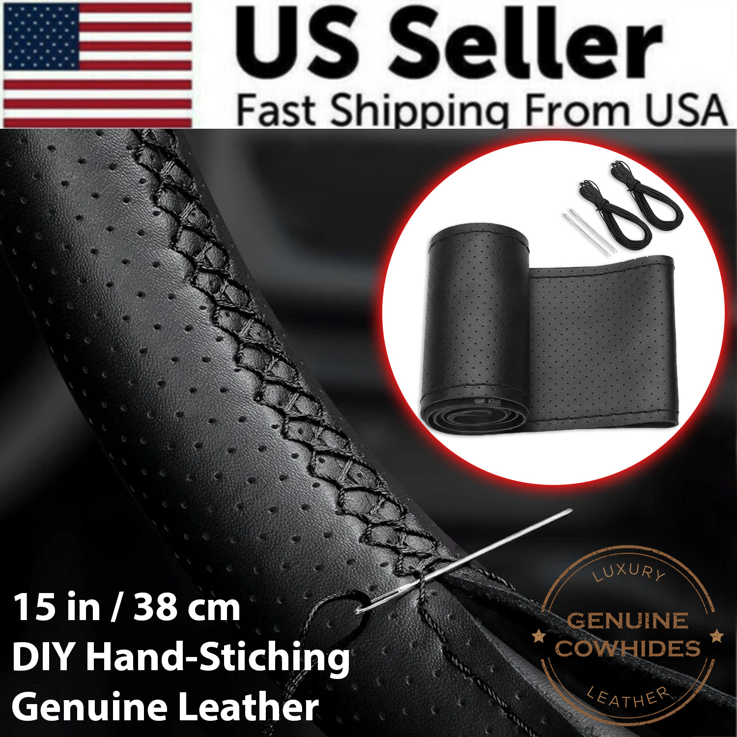 Genuine Leather DIY Car Steering Wheel Cover Anti-slip For 15 Genuine Leather DIY Car Steering Wheel Cover Anti-slip For 15