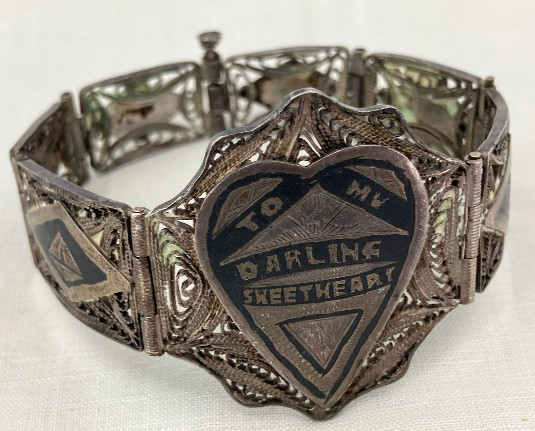 Vintage WWII Sweetheart Bracelet Niello Filigree Middle Eastern Silver 5 Panel