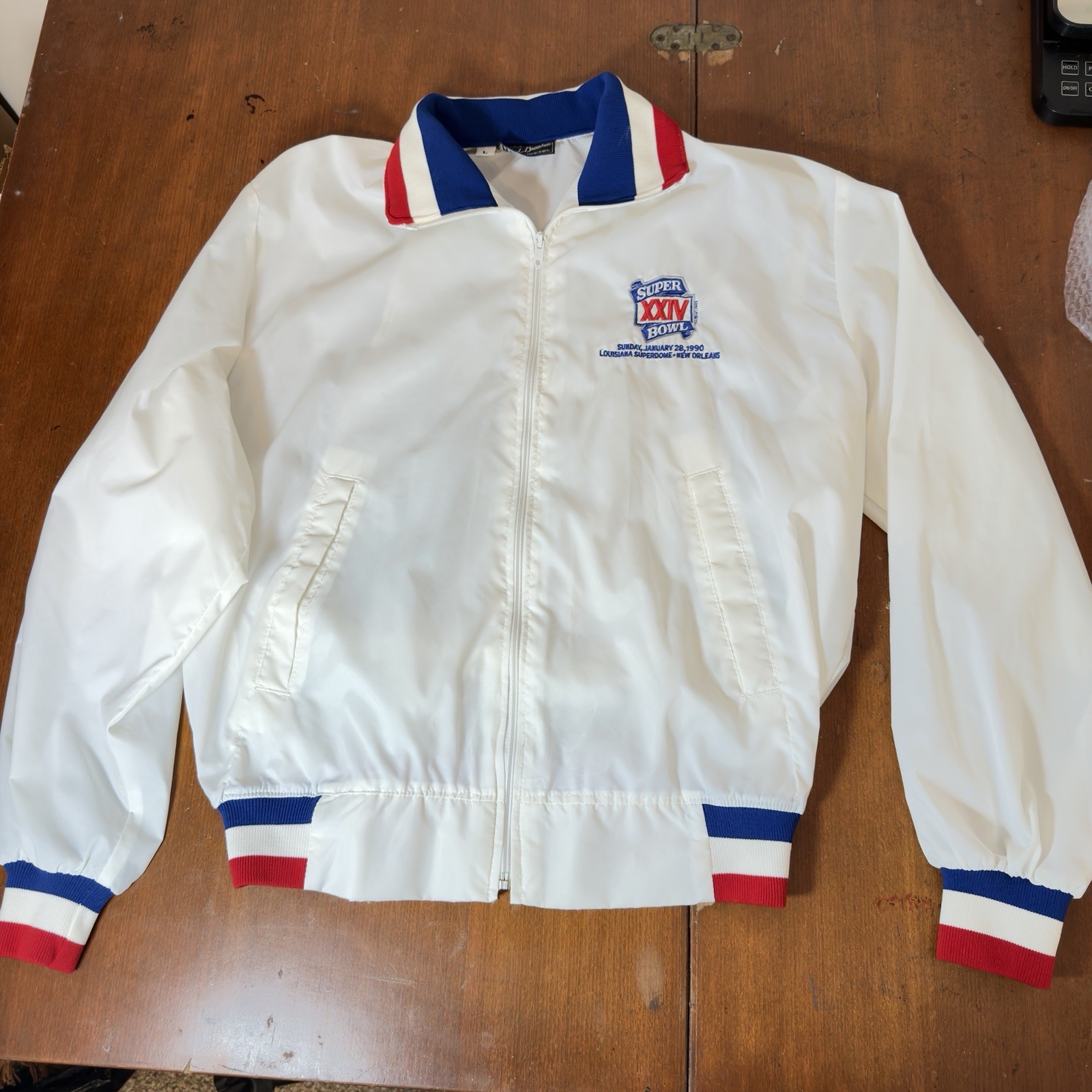 Vintage 1990 Super Bowl XXIV Windbreaker Jacket Mens L White NFL Trench Bomber