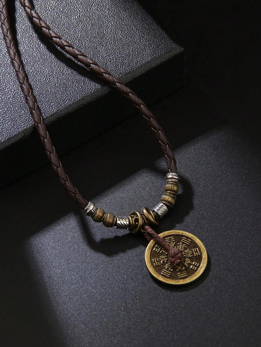 1pc Men\'s Woven PU Leather Beaded Copper Coin Pendant Necklace Adjustable