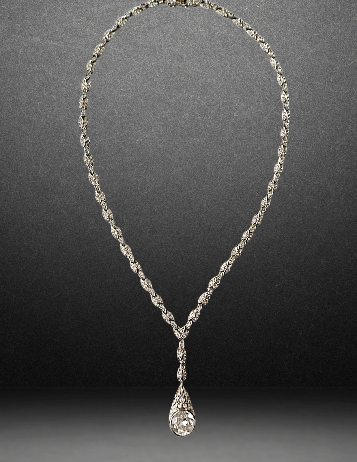 ANTIQUE 45g STERLING Fancy Link Necklace Rare Foil-Back Paste Teardrop Pendant