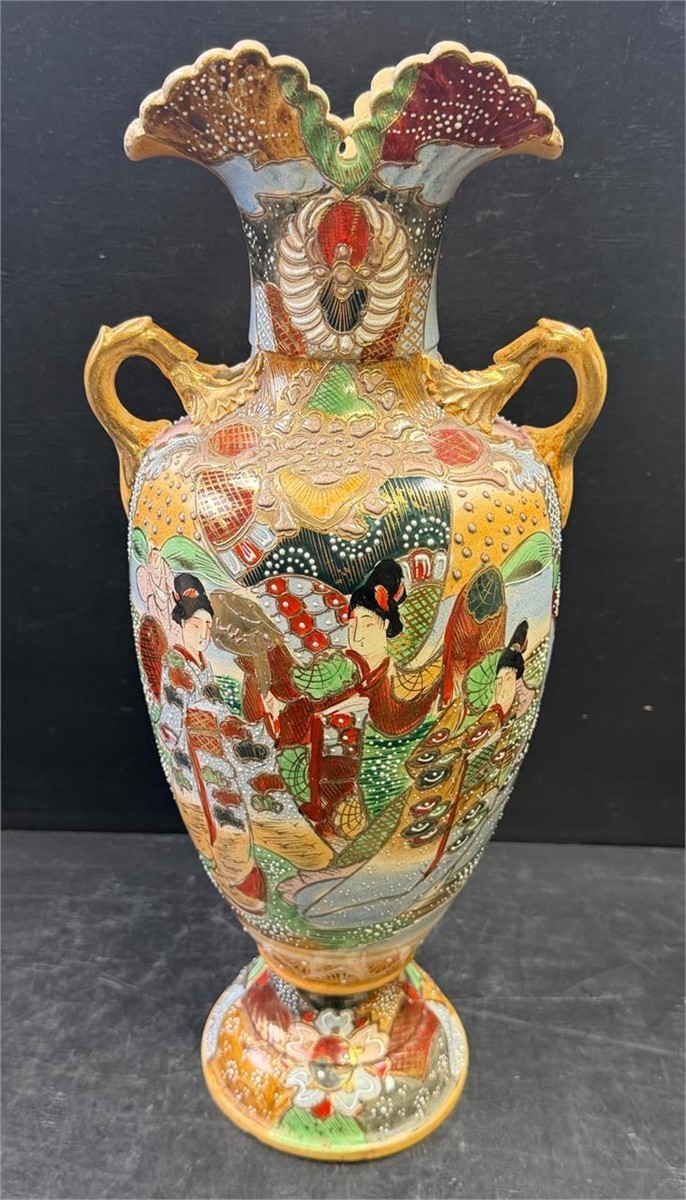 Vintage Estate Satsuma Style Hand Painted Double Handed Vase 8
