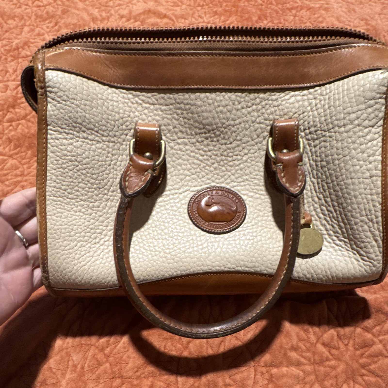 Dooney & Bourke Beige/Brown Small Satchel Zip Gold Hardware Pockets Studs Charm