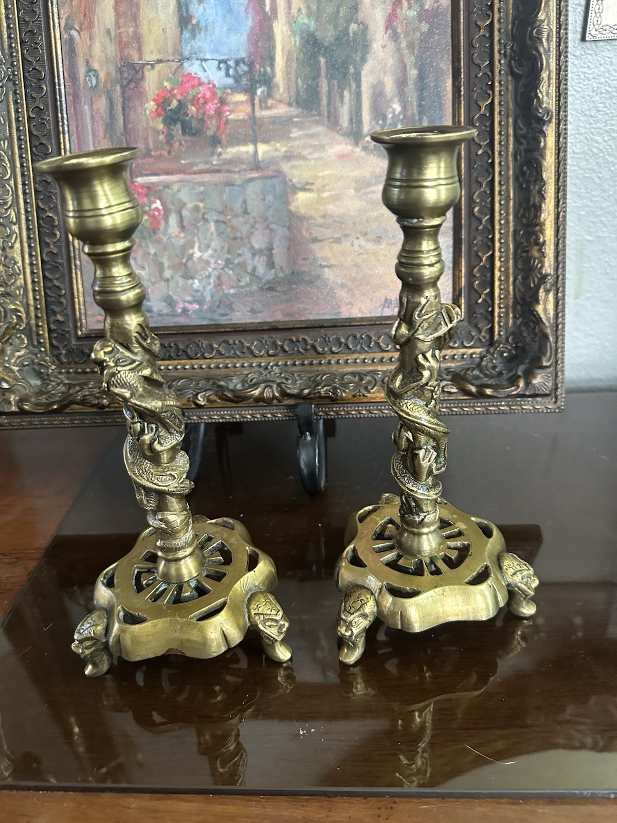 Antique Dragon Mythology Candlestick Set of 2 Brass Statue Figure Candle Holder Antique Dragon Mythology Candlestick Set of 2 Brass Statue Figure Candle Holder