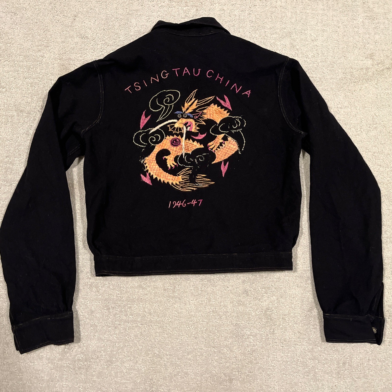 Vtg 40s Souvenir Jacket Wool Tsing Tau China Black Embroidered Dragon 