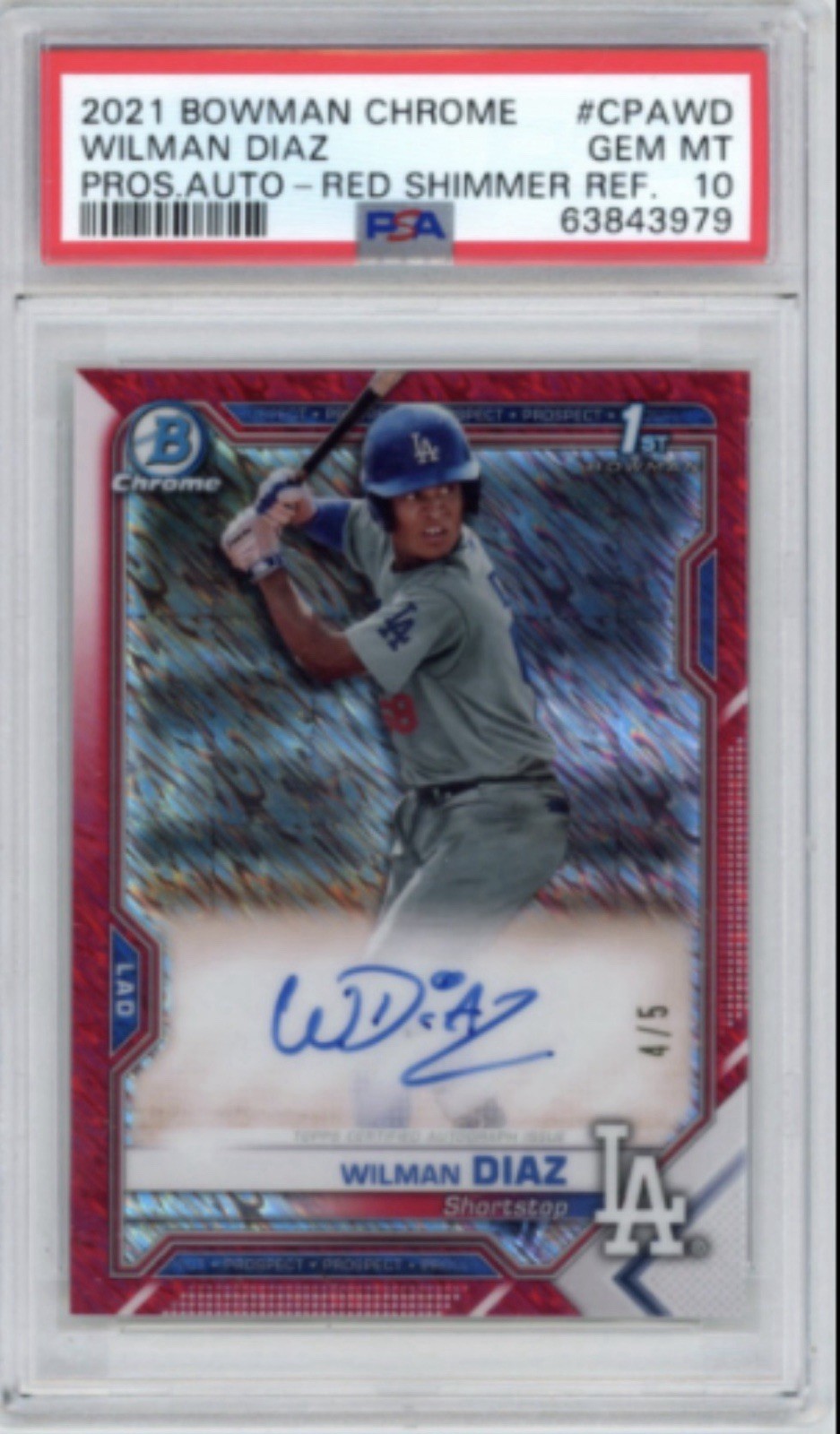 Bowman Chrome 2021 Wilman Diaz LA Dodgers #CPAWD Red Shimmer Auto PSA 10