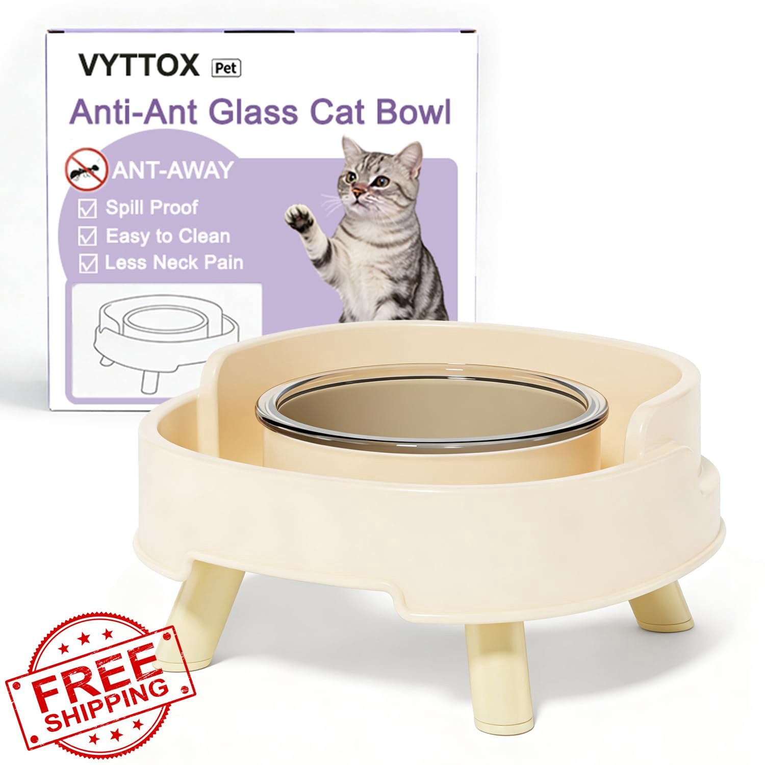 Ant Proof Cat Food Bowl, Elevated Pet Glass Dish with Deep Anti Ant Moat Stan...