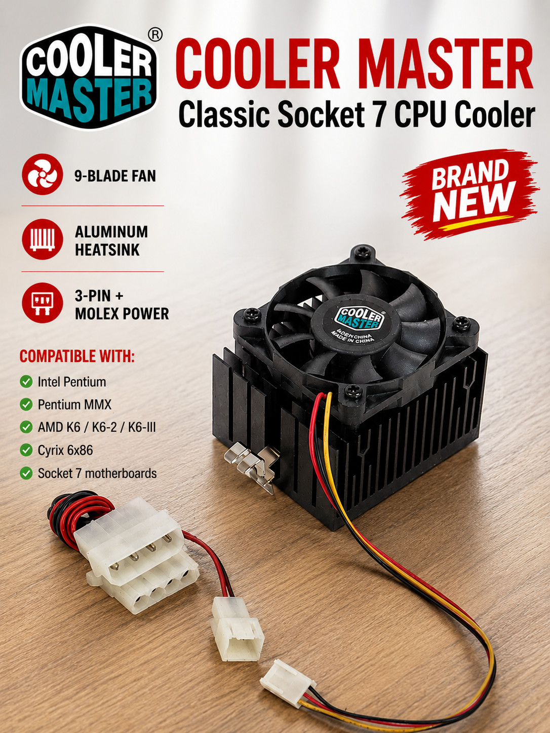 VINTAGE Cooler Master Socket 7 CPU Heatsink Fan Pentium MMX AMD K6 3 and 4-Pin VINTAGE Cooler Master Socket 7 CPU Heatsink Fan Pentium MMX AMD K6 3 and 4-Pin