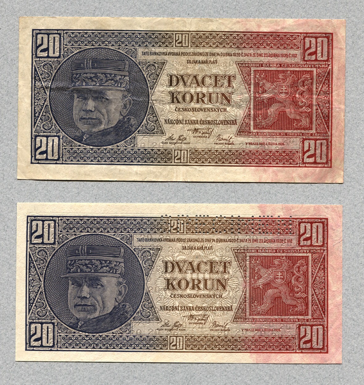 CZECHOSLOVAKIA 2x20 Korun 1926 P21a&s AU