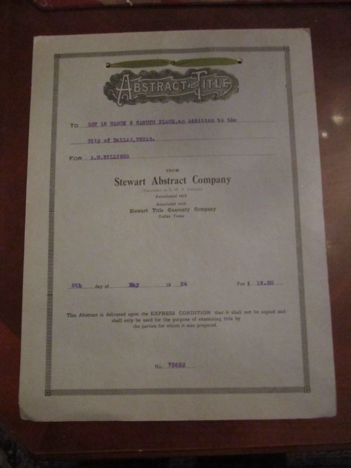 1924 ABSTRACT TITLE FROM STEWART TITLE - BOOKLET - TUB MP 1924 ABSTRACT TITLE FROM STEWART TITLE - BOOKLET - TUB MP