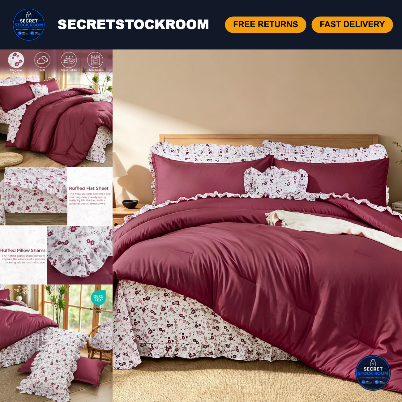 8PC Burgundy King Comforter Set, Ruffle Design with Floral Bed Sheets & Pillowca