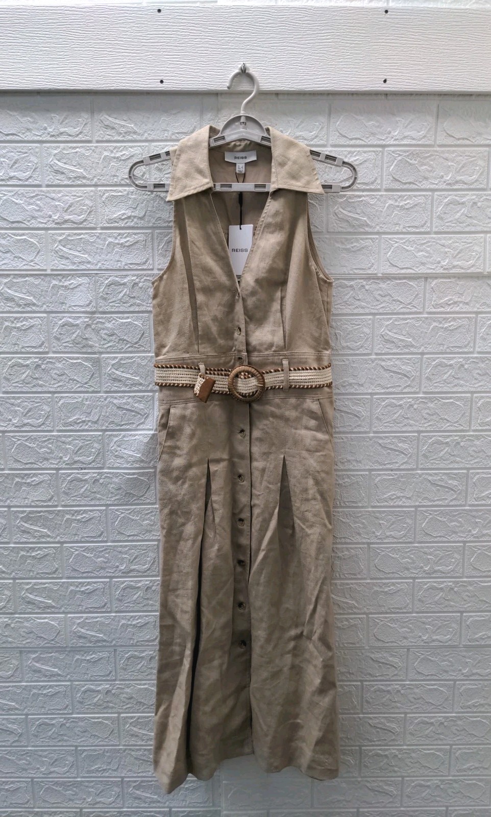 New REISS Annie Linen Belted Sleeveless Midi Dress In Neutral Sz 2 New REISS Annie Linen Belted Sleeveless Midi Dress In Neutral Sz 2